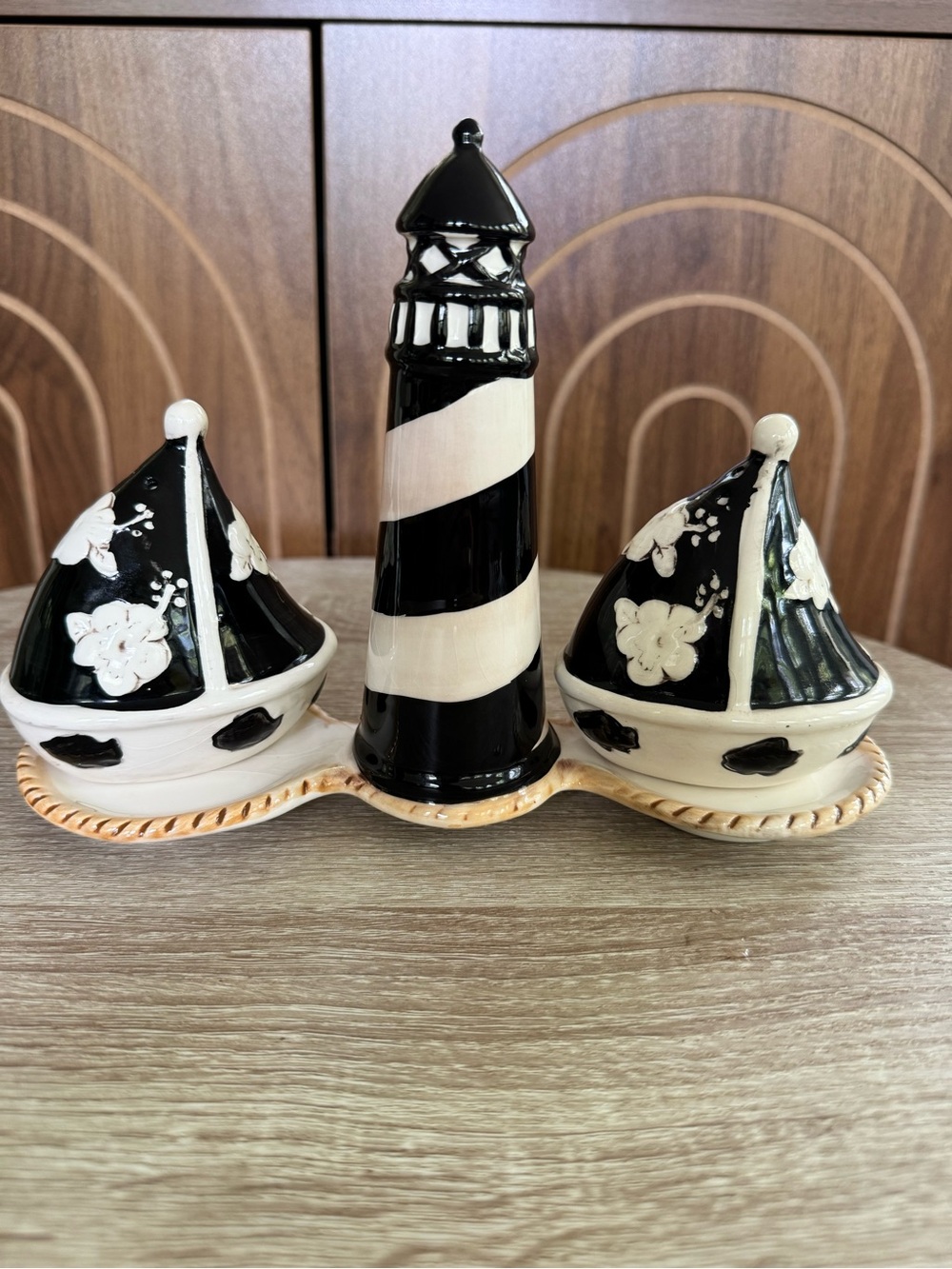 Black and Cream Ceramic Lighthouse Salt & Pepper Set, Vintage